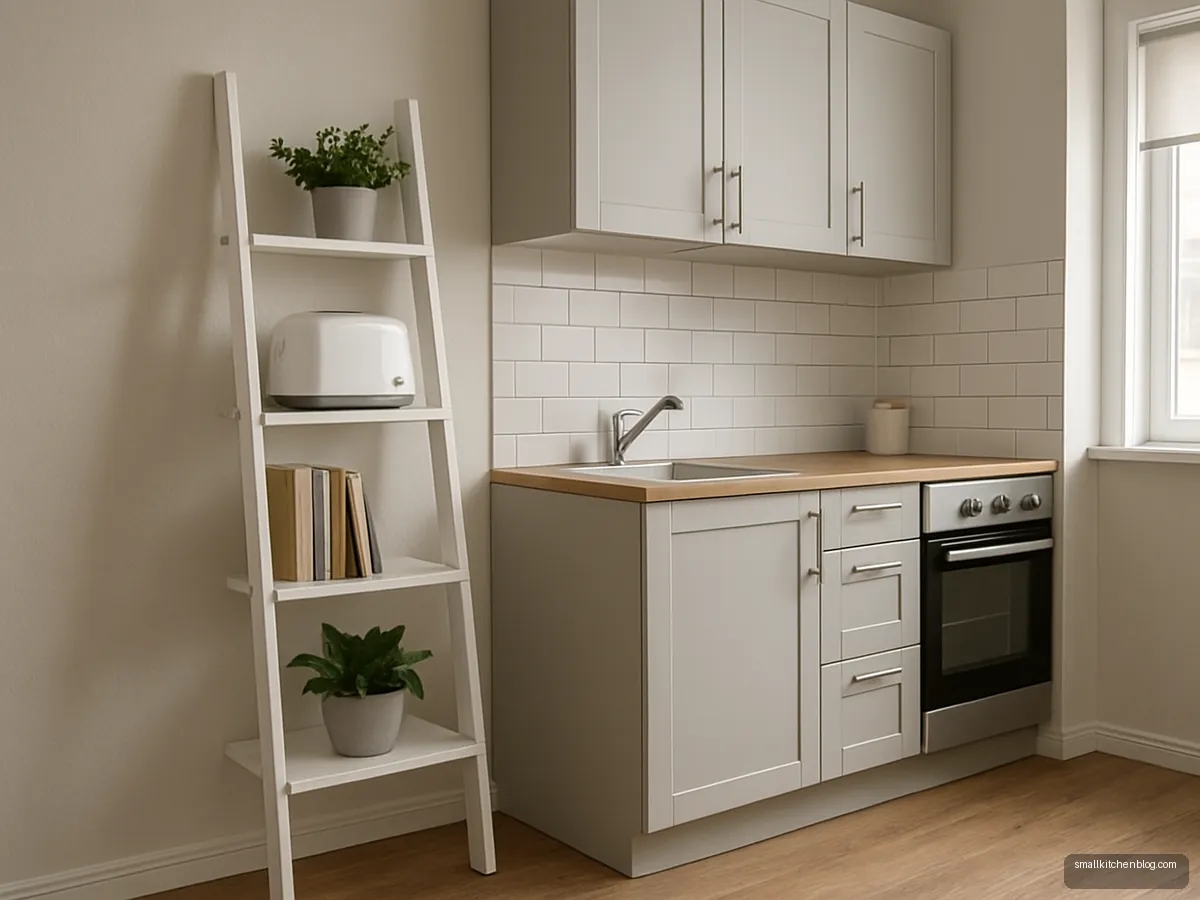 White ladder shelf in a small kitchen