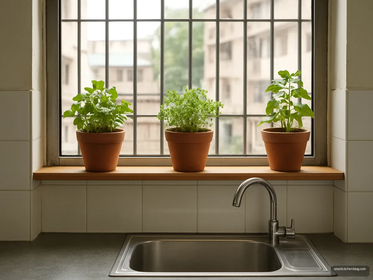 Herb pots on a shelf across a kitchen window