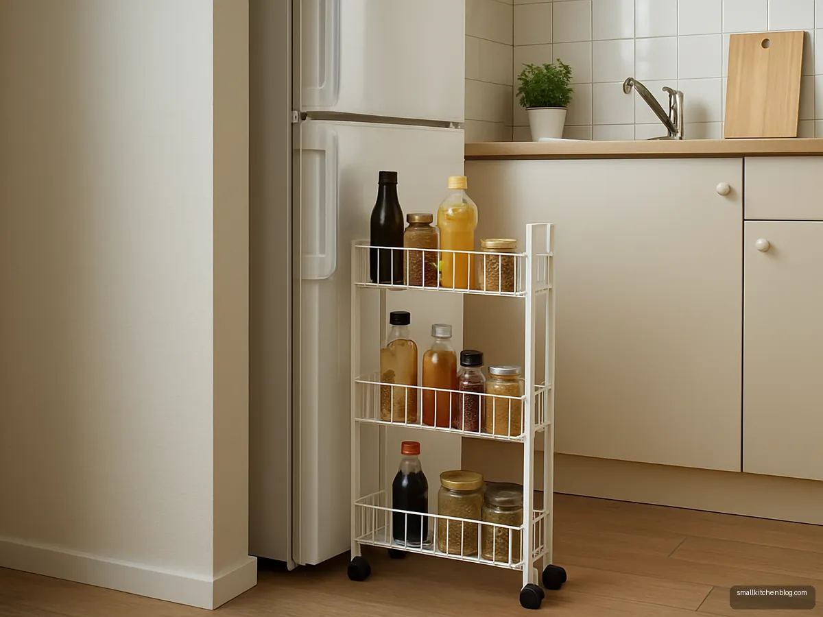 Slim rolling rack pulled out beside the fridge