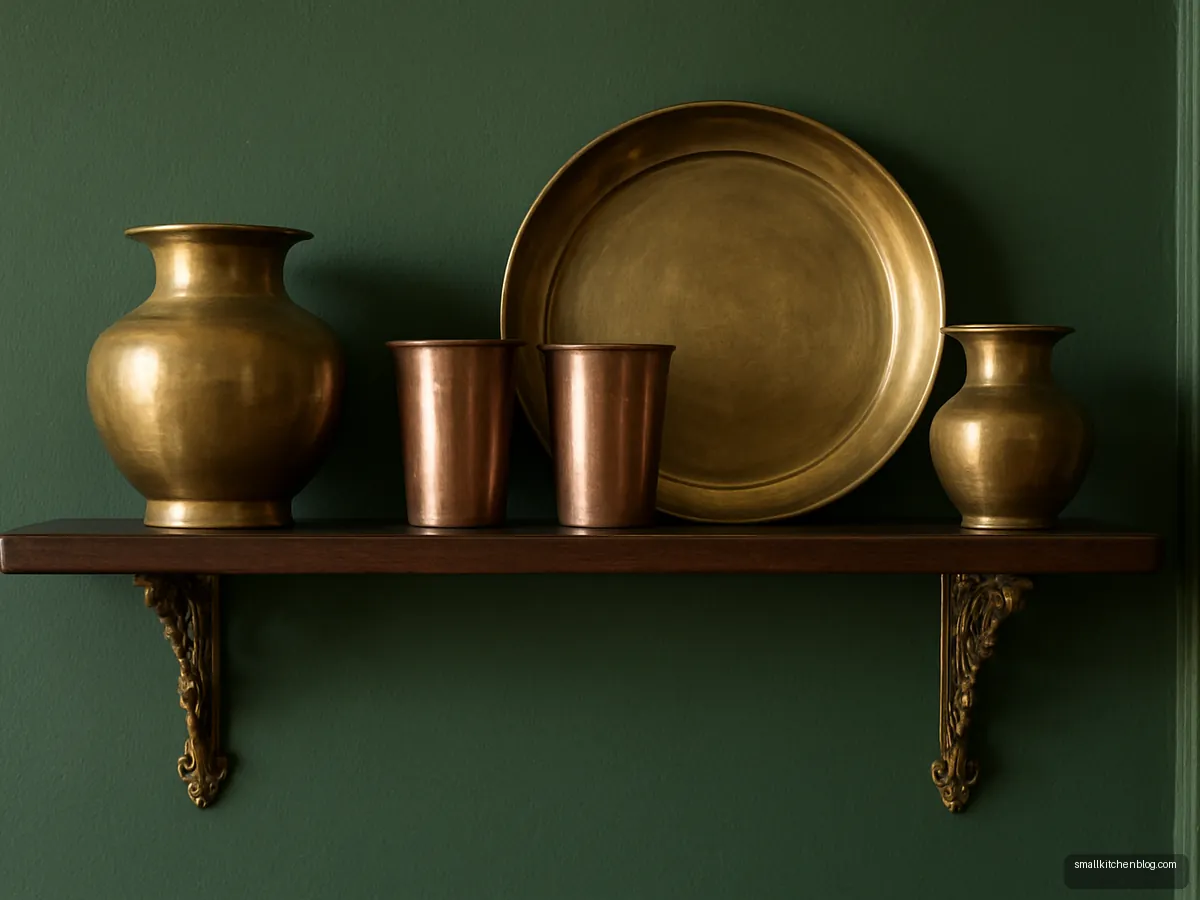 Walnut shelf with brass and copper vessels on display