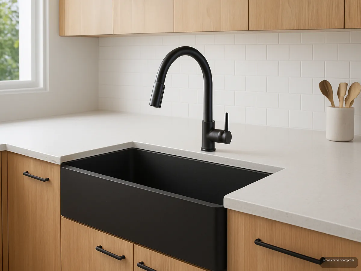 Matte black composite sink in a white counter with black tap