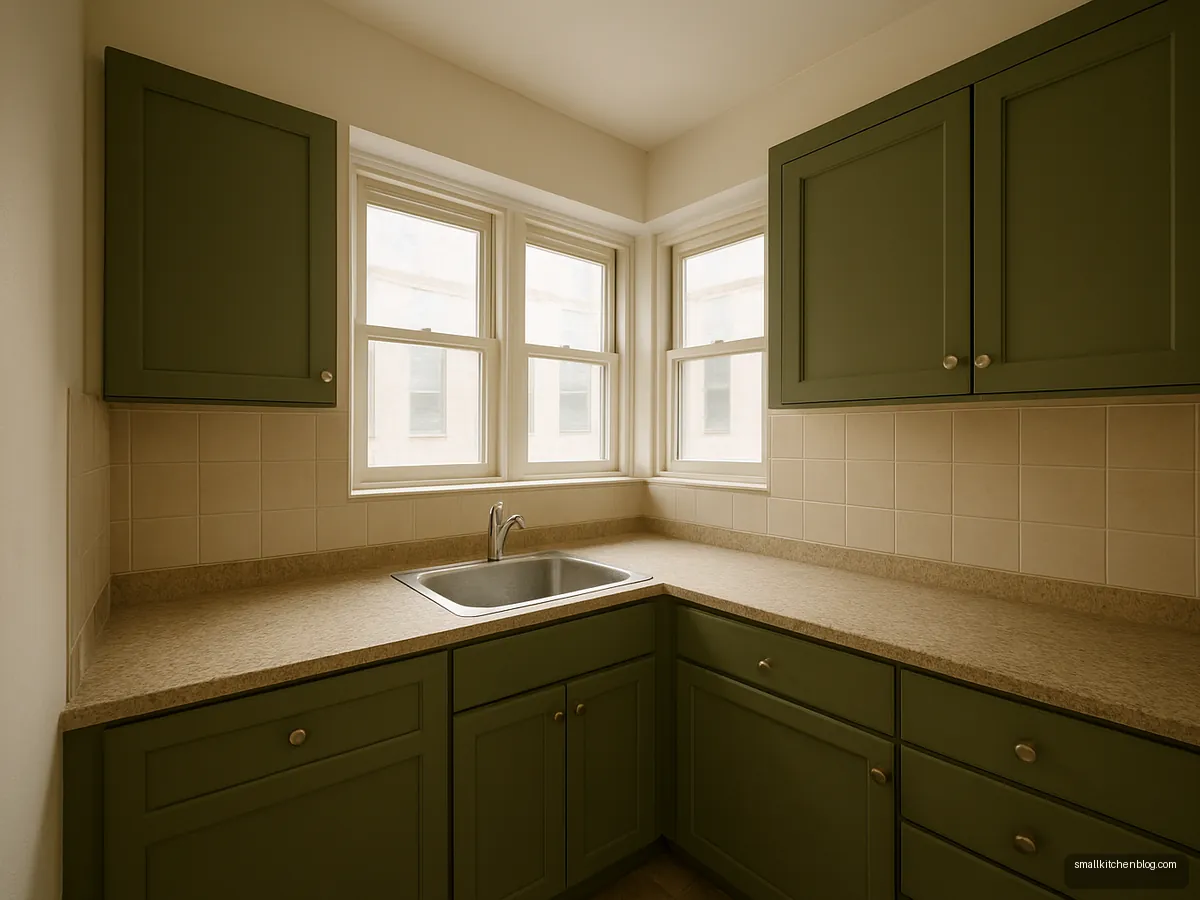 Steel sink set in the corner of an L-shaped counter