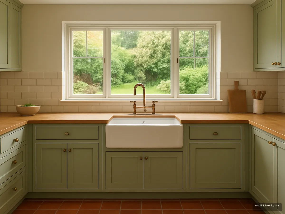 White apron-front farmhouse sink with sage green cabinets