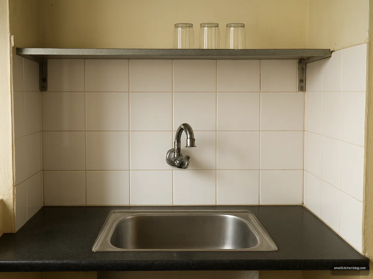 Simple steel sink with an open shelf of tumblers above