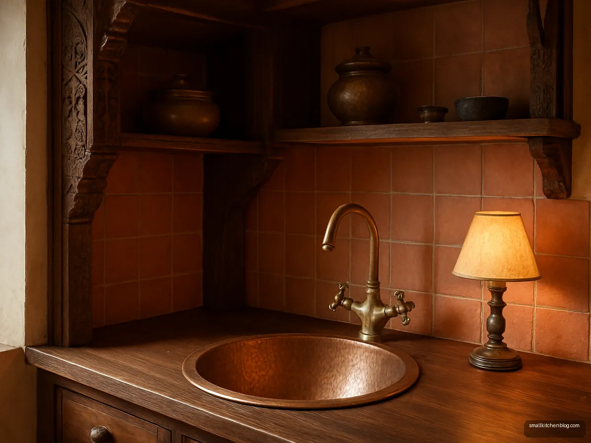 Hammered copper-finish basin sink in a dark wood counter