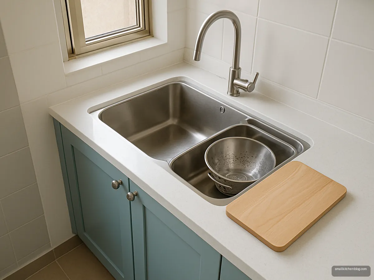 Workstation sink with a chopping board and colander on the ledges