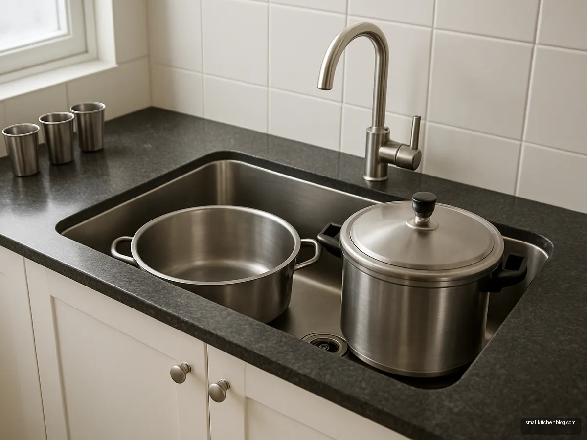 Deep single bowl sink holding a large steel pot and pressure cooker