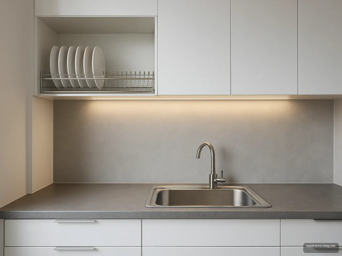 Sink under a wall cabinet with a steel dish drainer