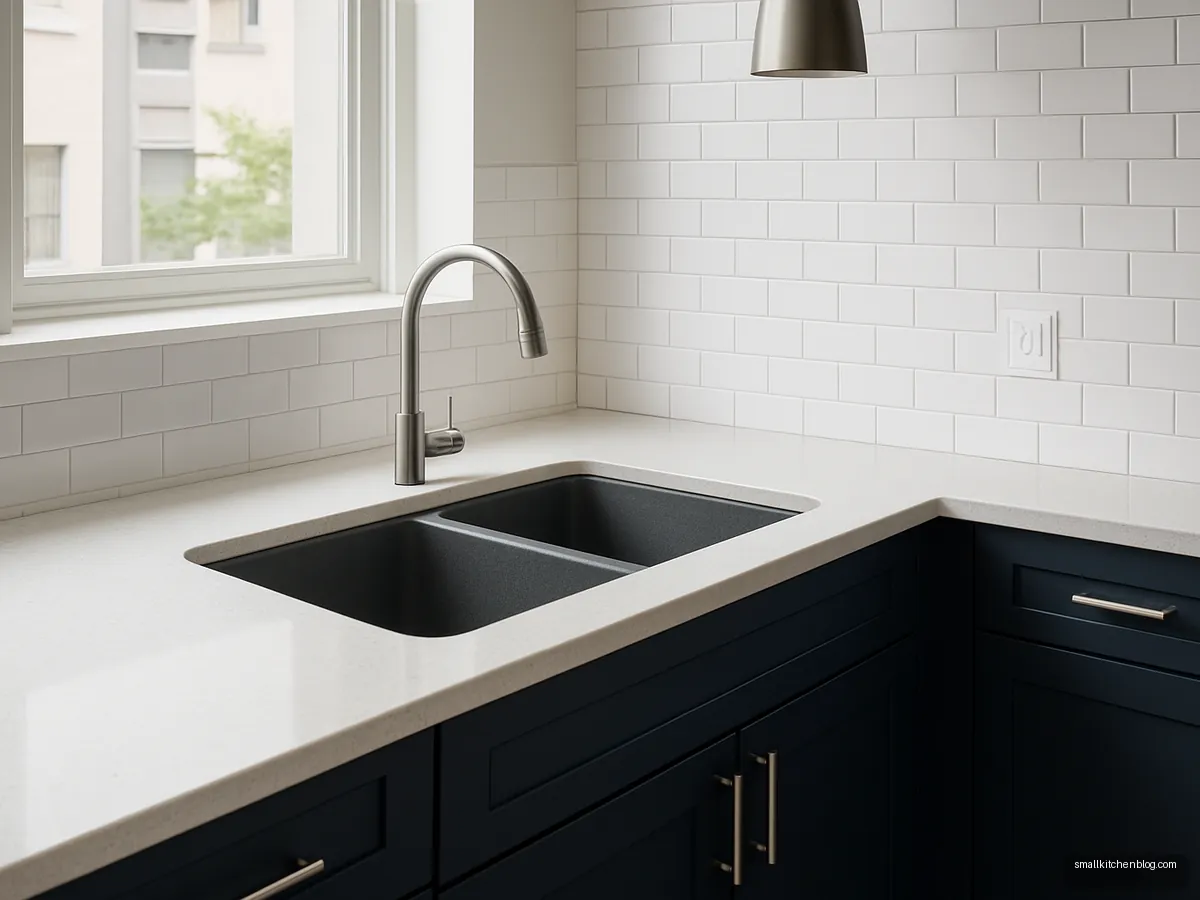 Grey composite double bowl sink with navy cabinets