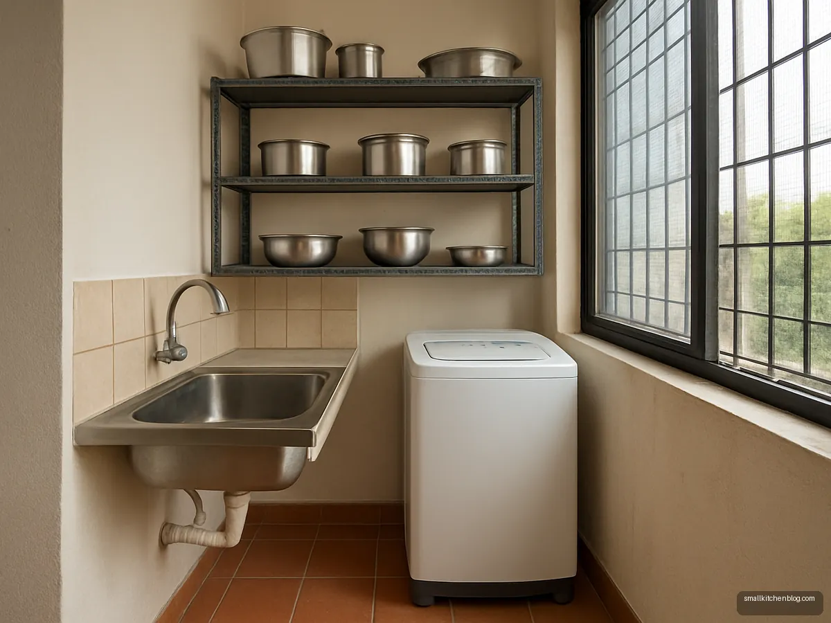 Deep steel wash sink in a utility balcony