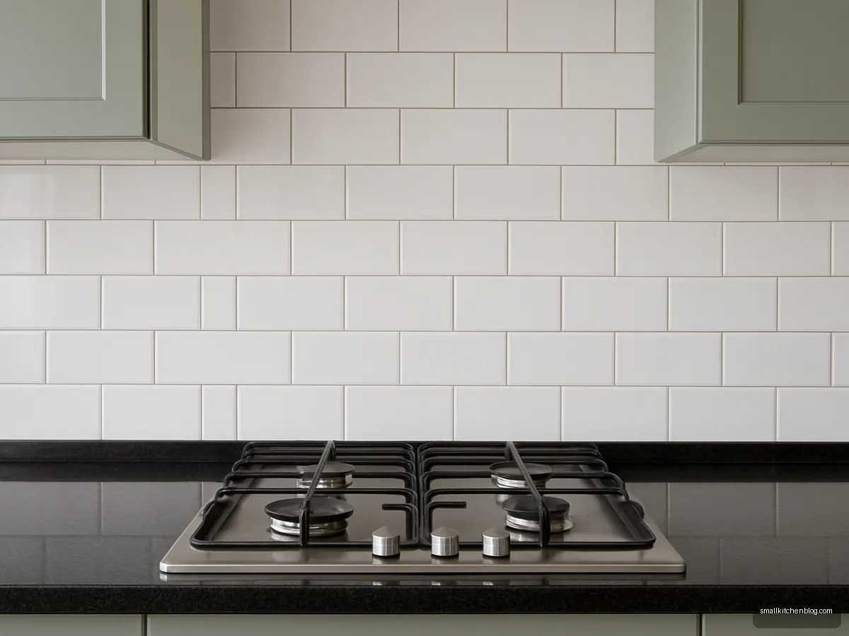White subway tile backsplash in brick pattern behind a gas hob