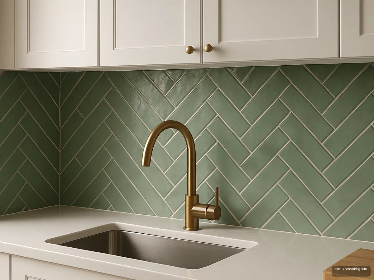 Sage green herringbone ceramic tiles between counter and wall cabinets