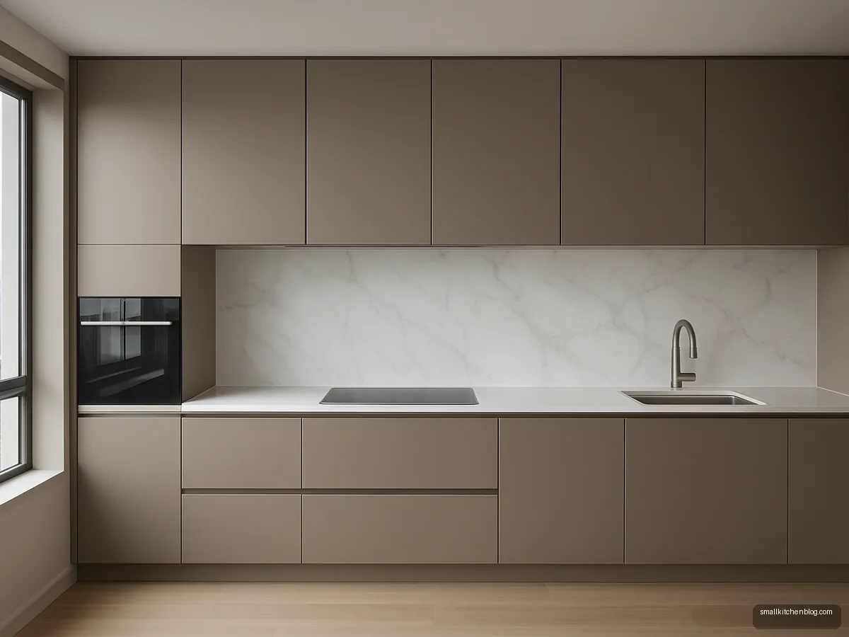 Large white marble-look porcelain slab backsplash behind taupe cabinets