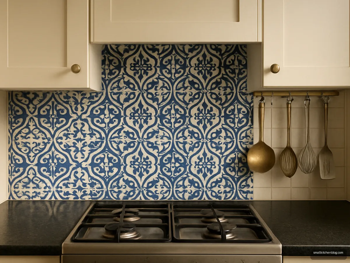 Blue and white Moroccan pattern tiles behind a gas stove