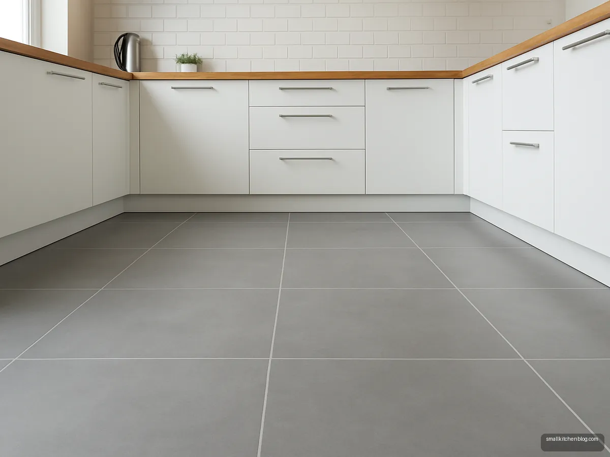 Matte grey square vitrified floor tiles in a white kitchen