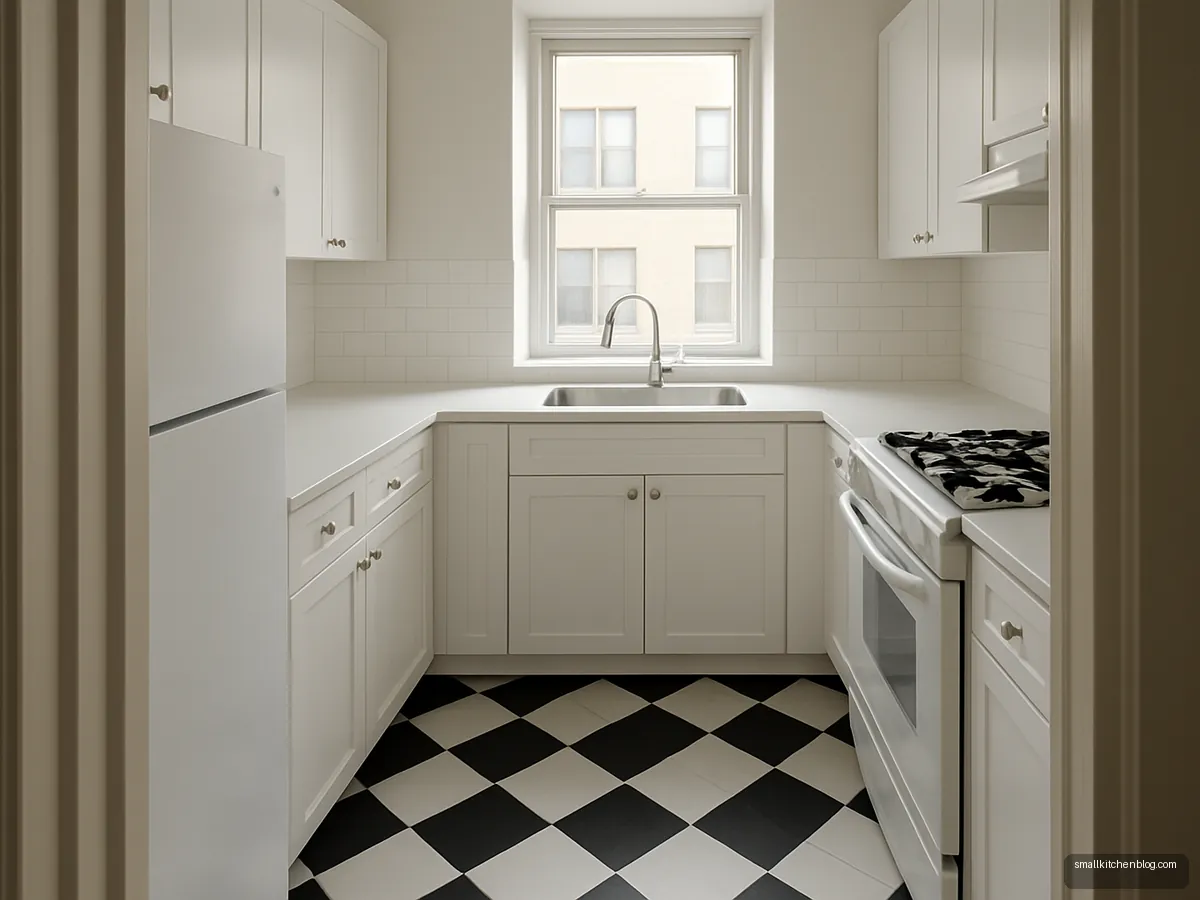 Black and white checkerboard tile floor in a white kitchen