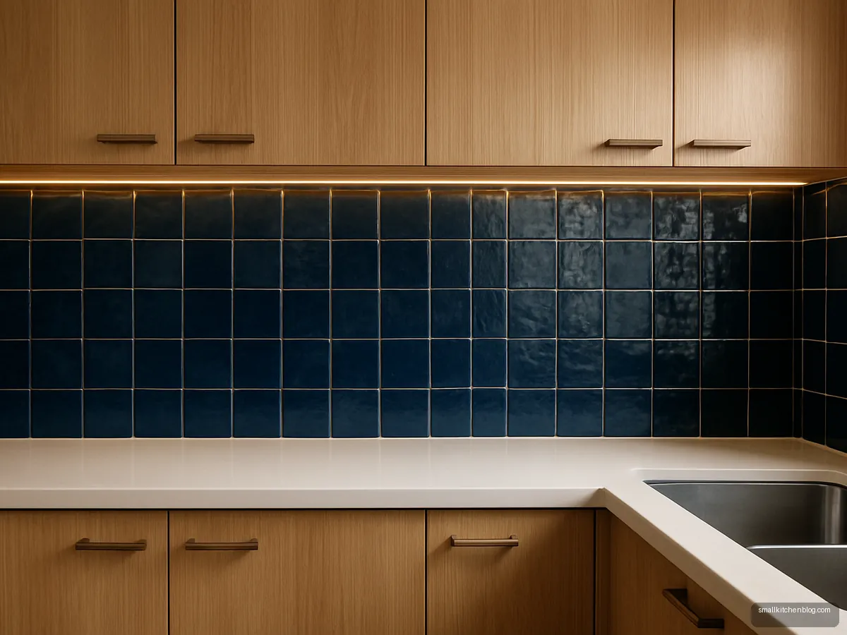 Navy glossy zellige-style backsplash above oak cabinets