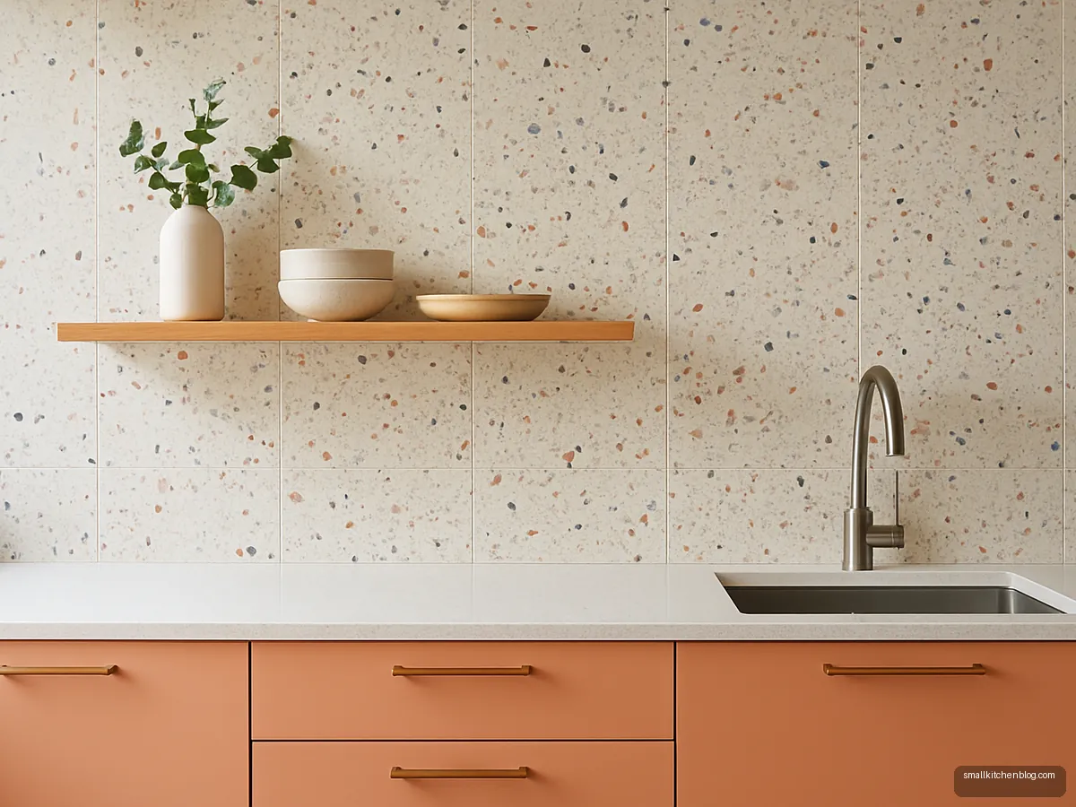 Light terrazzo-look tiles from counter to ceiling above peach cabinets