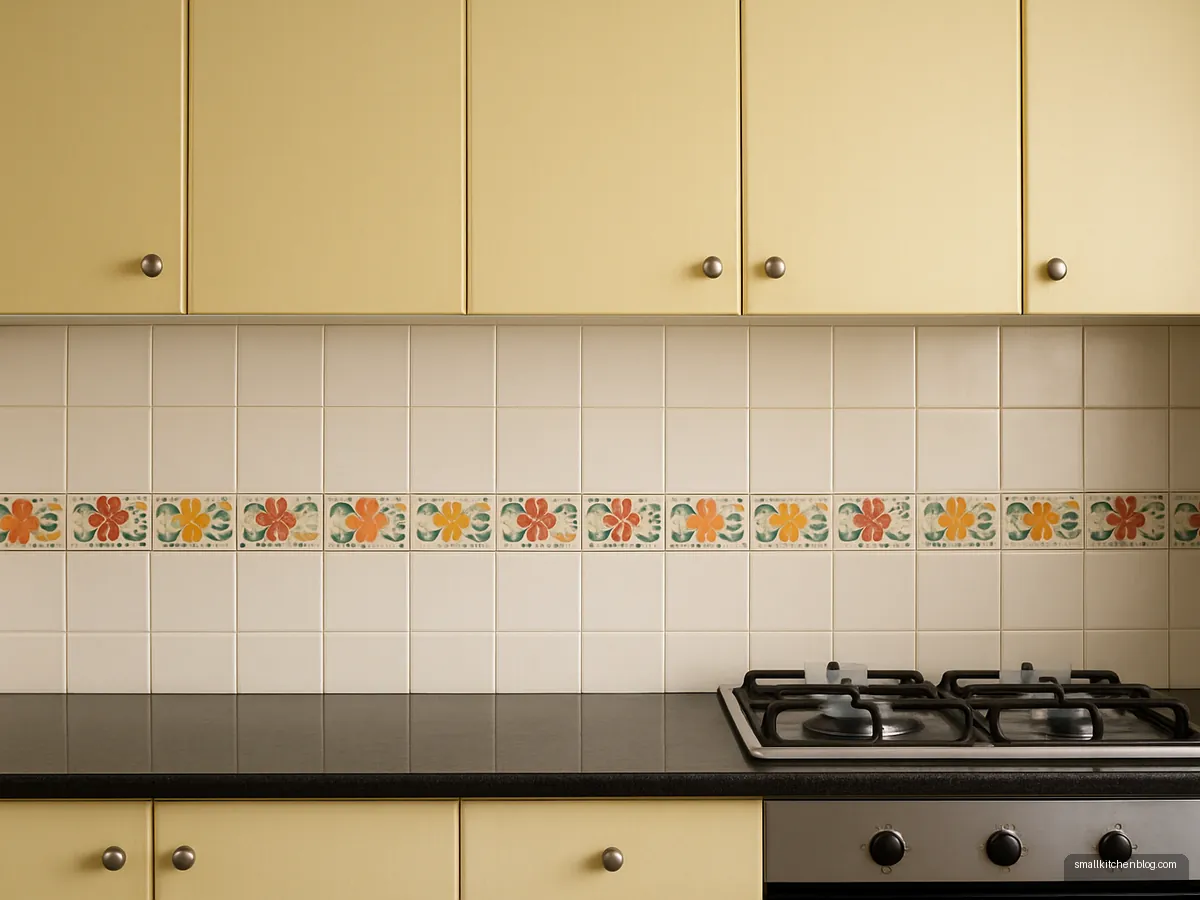 Ivory wall tiles with a floral highlighter band below wall cabinets