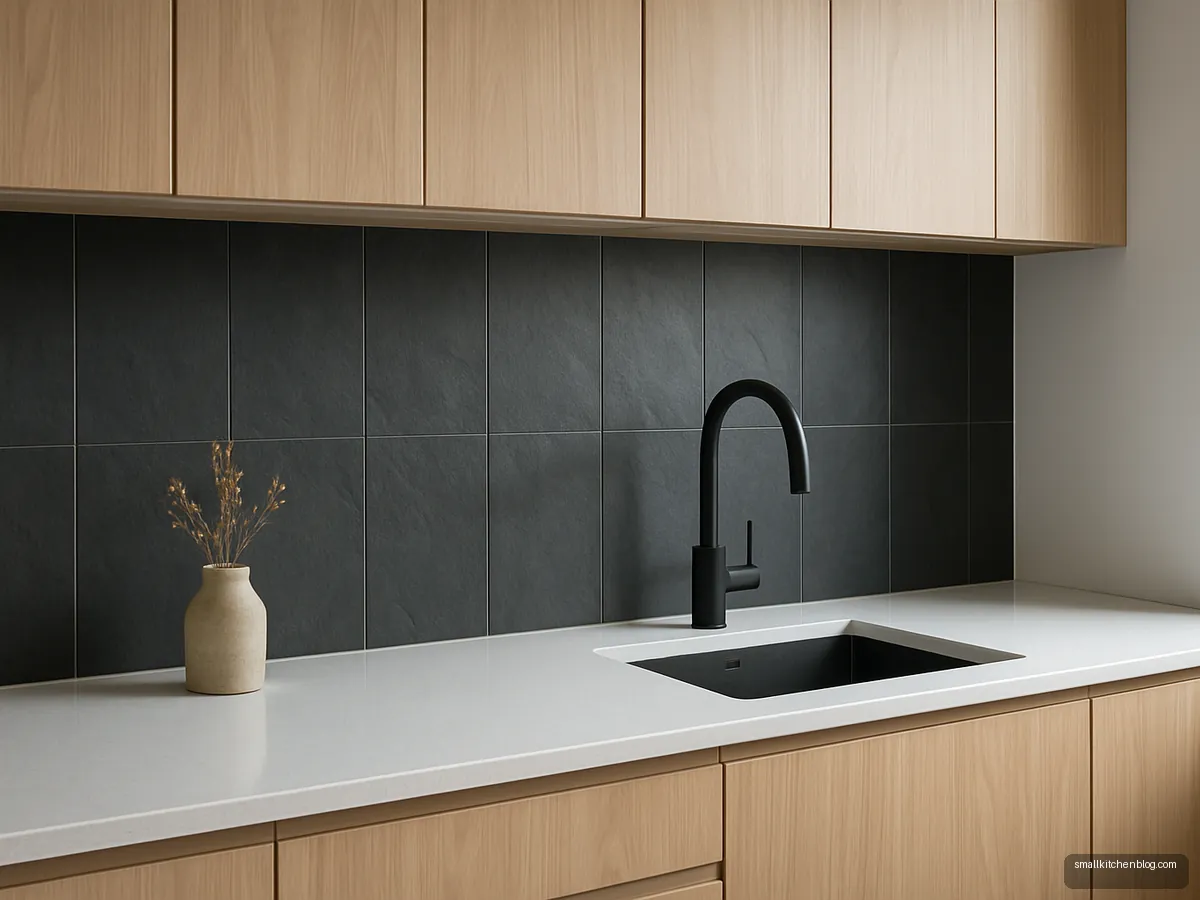 Charcoal slate-look tiles stacked vertically behind light wood cabinets