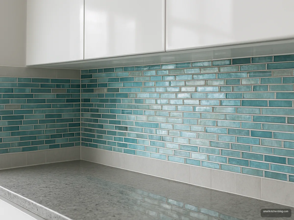 Aqua and silver glass mosaic strip behind a grey granite counter