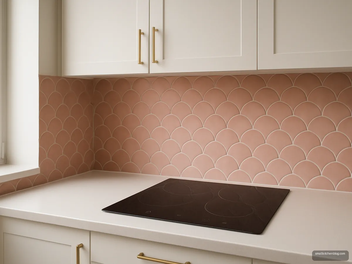 Blush pink fish scale tiles behind a white counter and gold handles