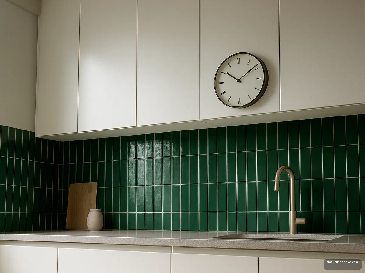 Bottle green vertical finger tiles above white cabinets