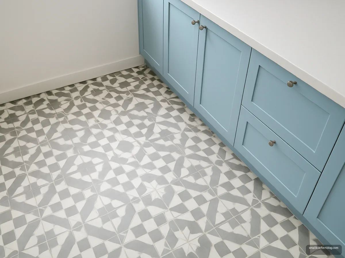 Grey and white geometric patterned floor under light blue cabinets