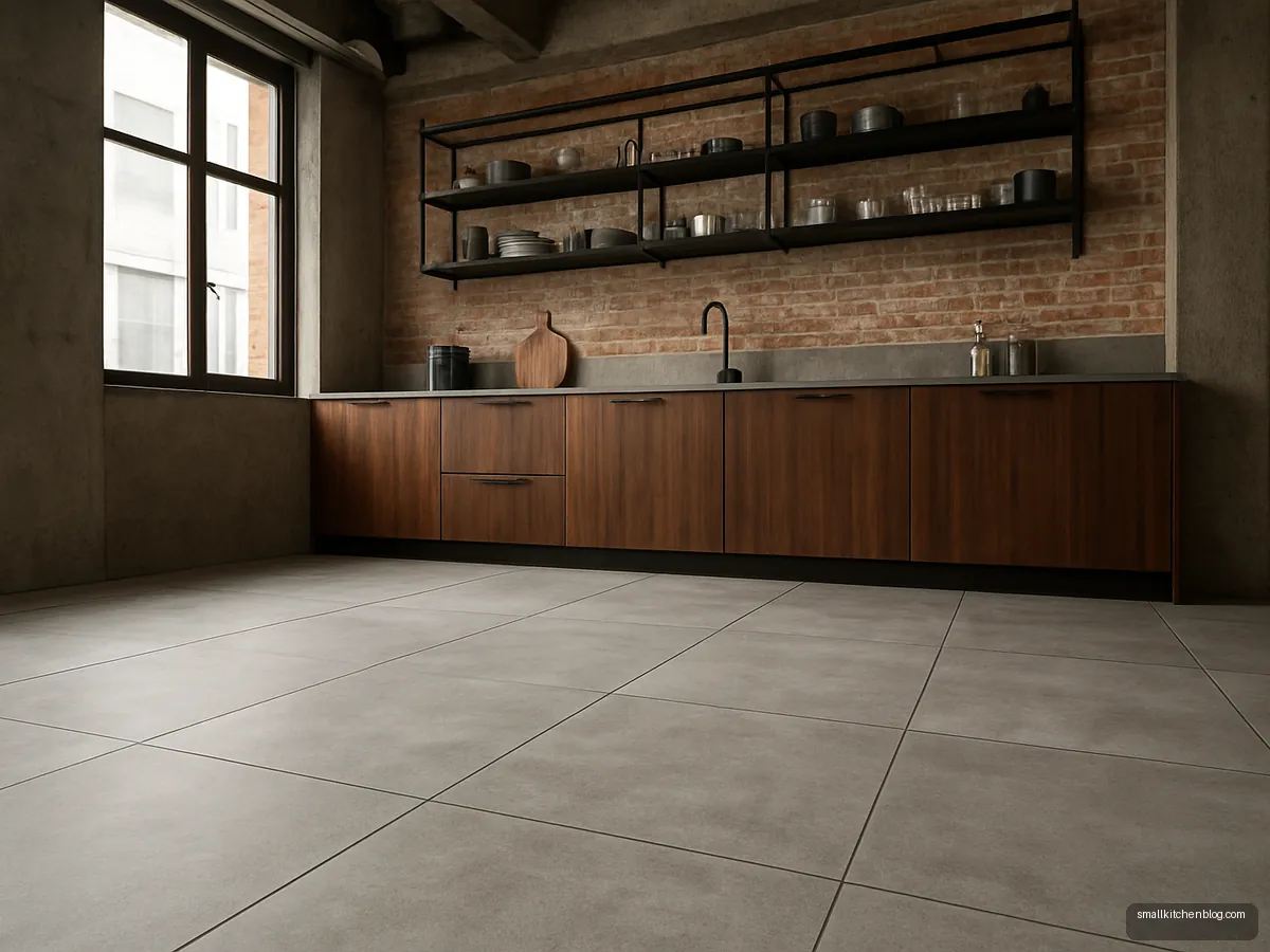 Large concrete-look matte floor tiles in an industrial kitchen