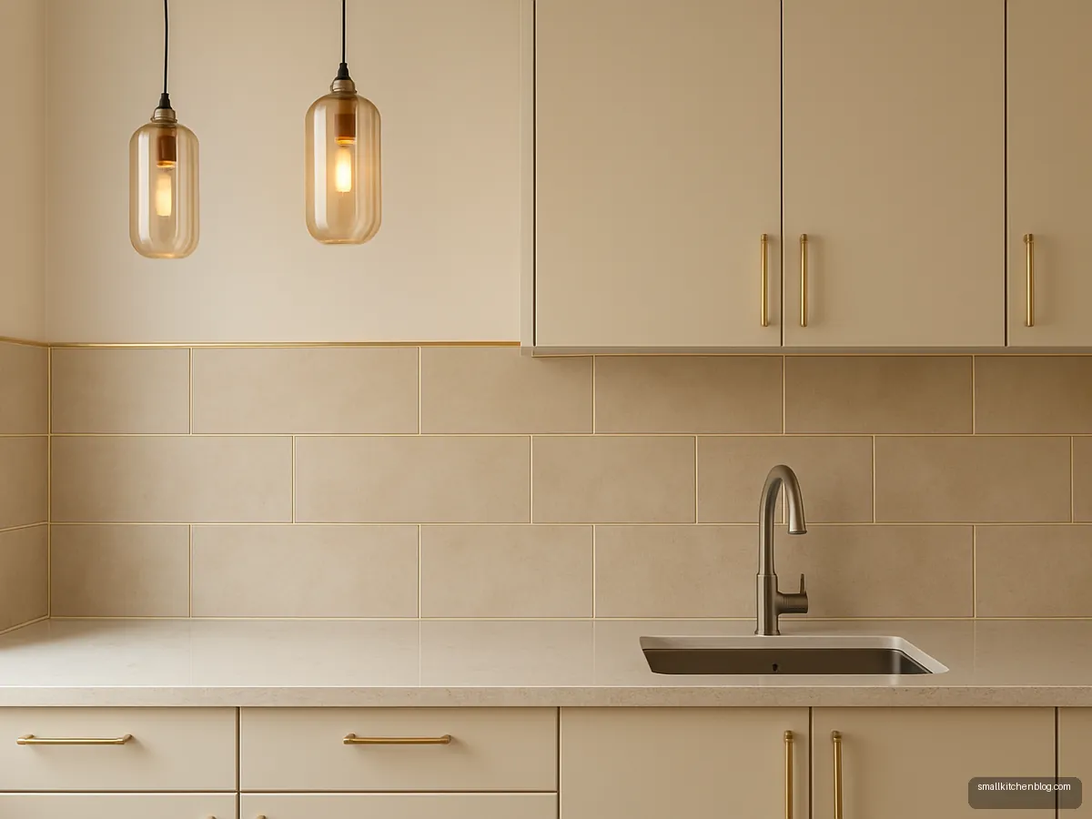 Satin beige wall tiles with thin gold edge trims behind cream cabinets