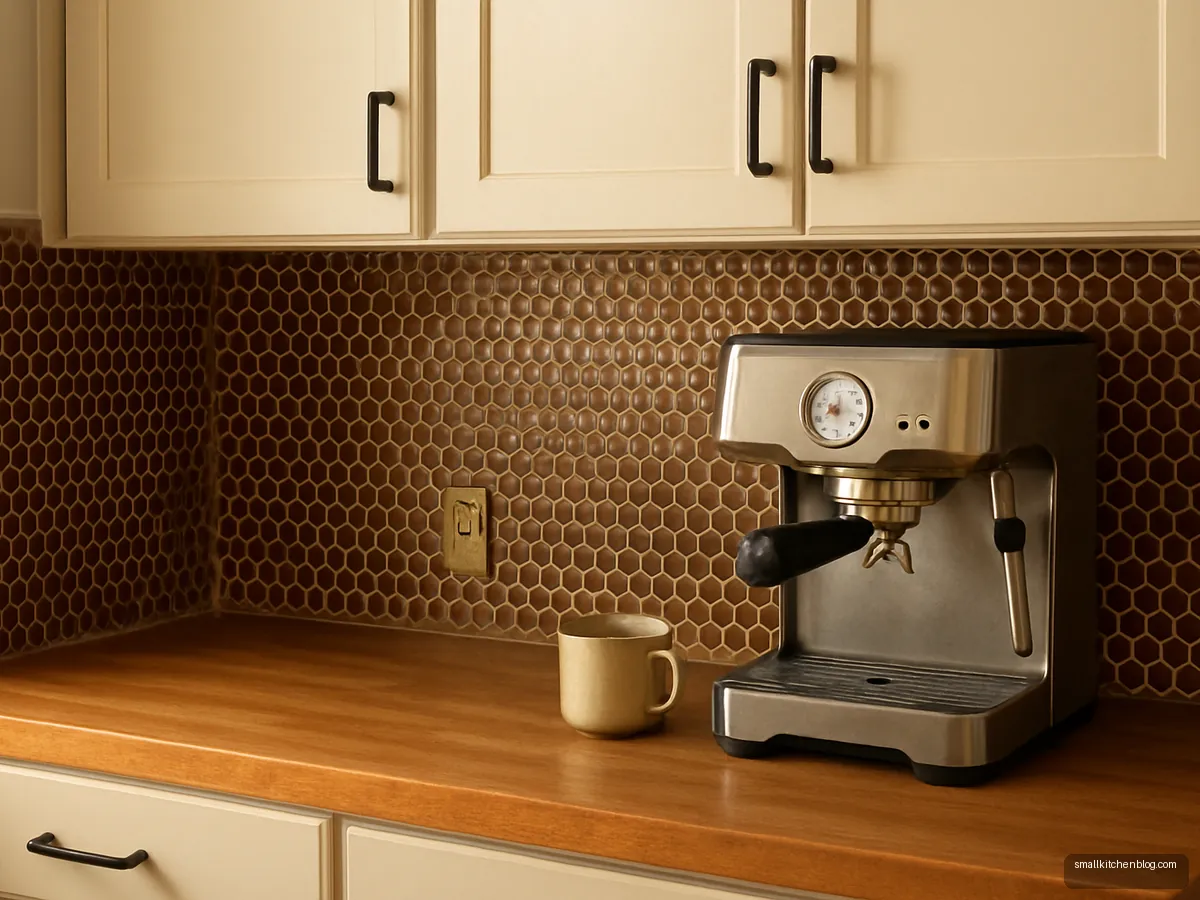 Coffee brown penny round mosaic backsplash above a wood counter