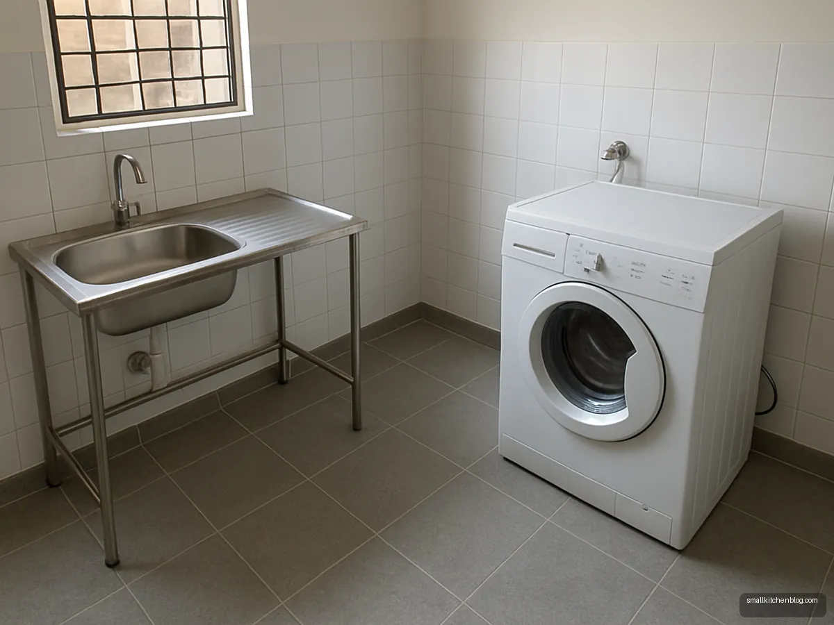 Light grey anti-skid floor tiles in a kitchen utility area