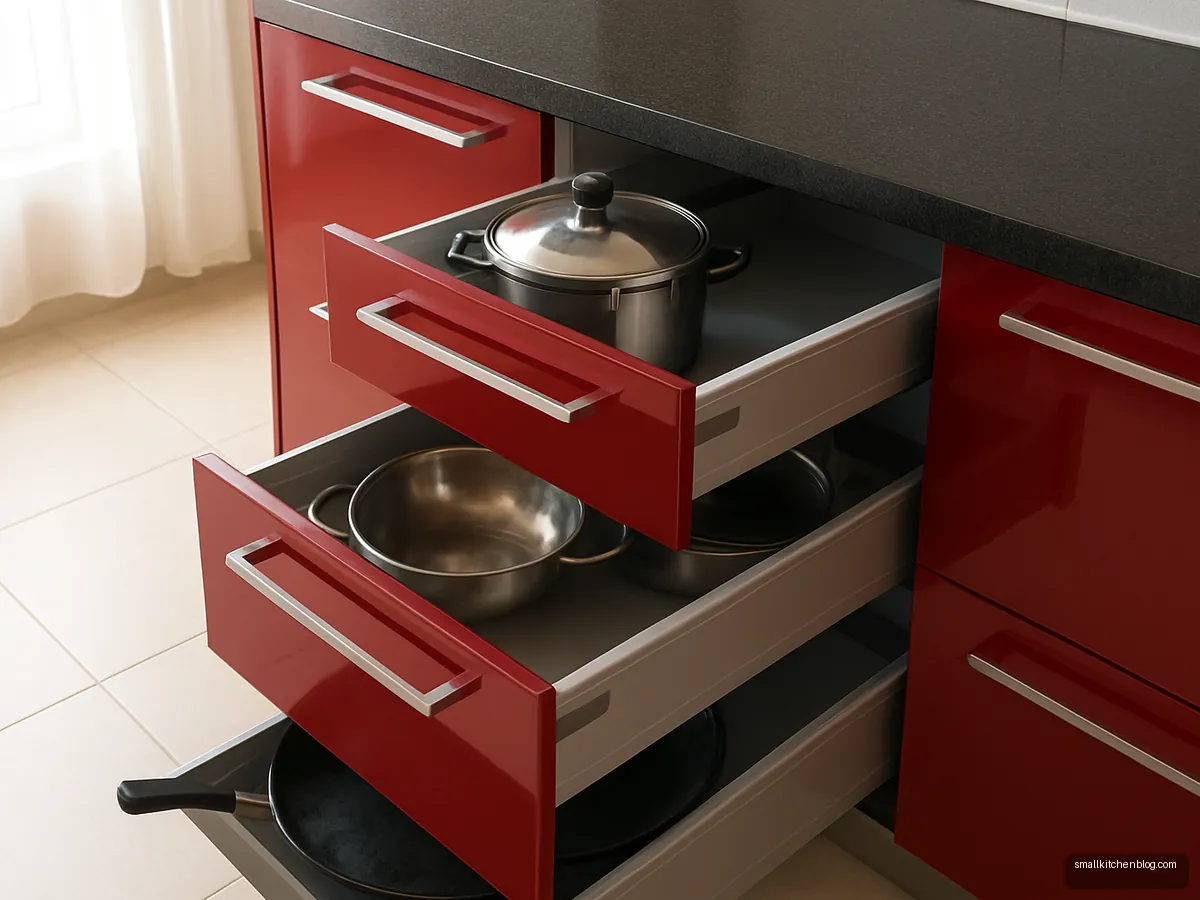 Three red acrylic tandem drawers pulled out with cookers and kadhais