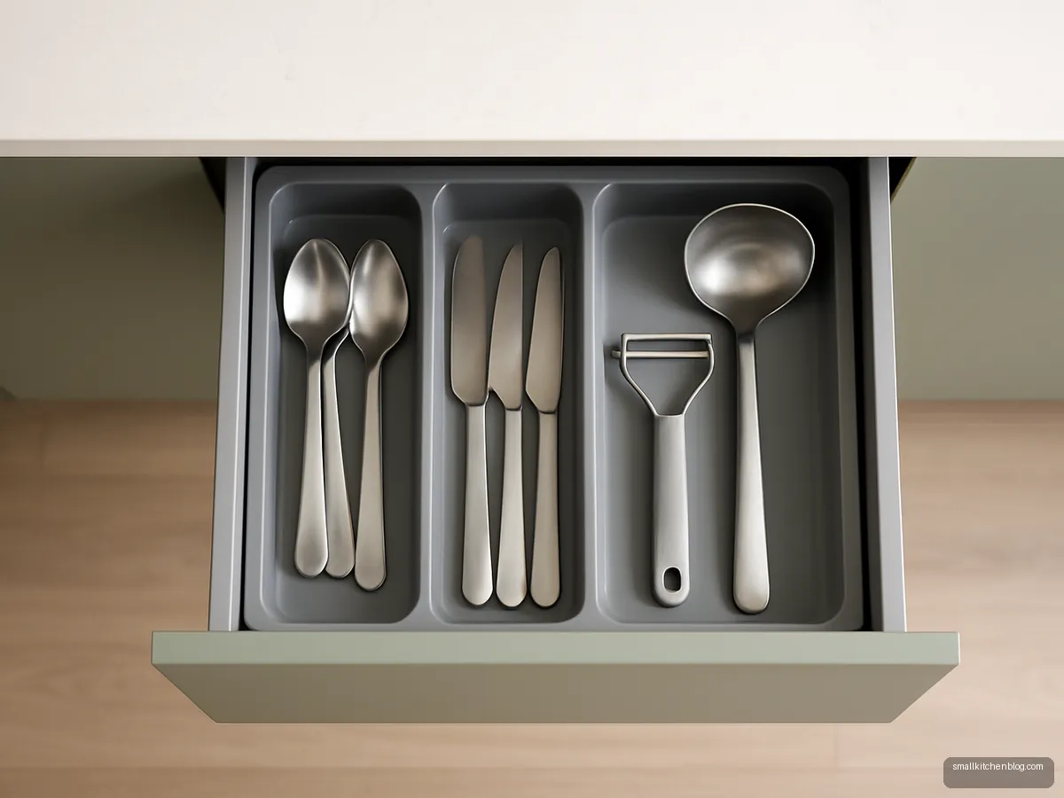 Shallow drawer with a grey cutlery organiser in a green kitchen