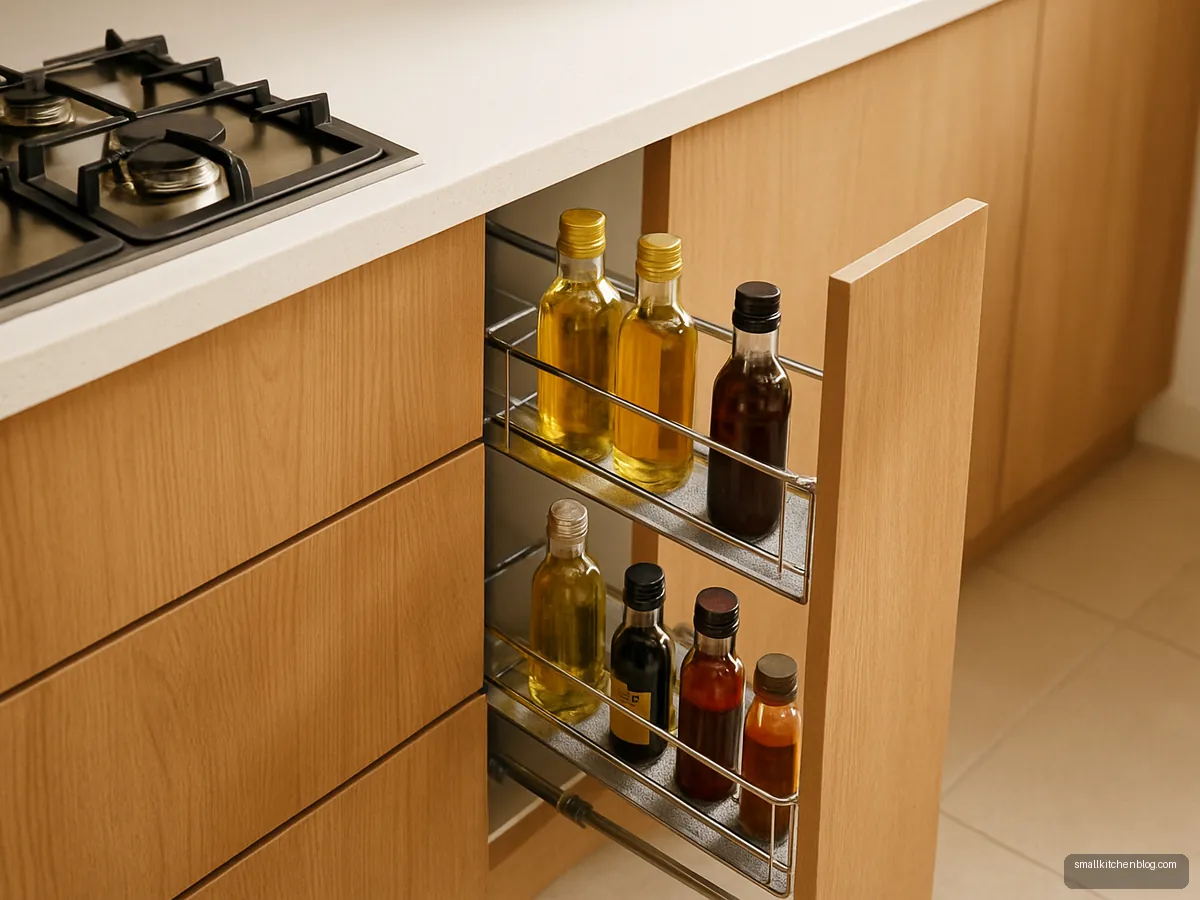 Narrow chrome bottle pull-out beside a hob with oil bottles