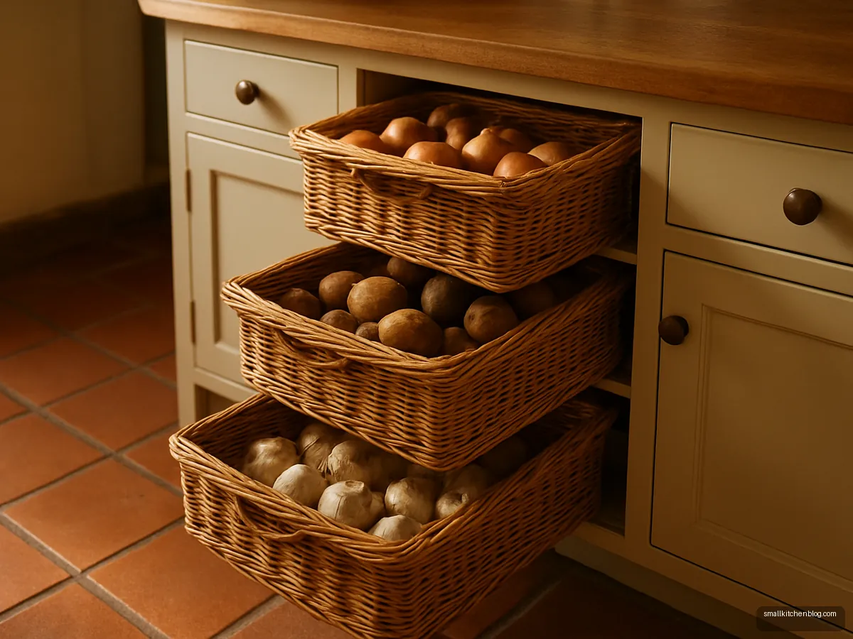 Pulled out wicker basket drawers with onions and potatoes