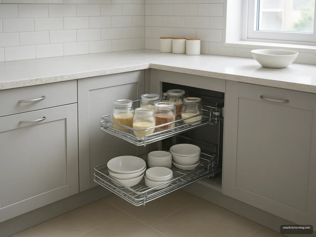Magic corner pull-out with chrome baskets extended from an L kitchen corner