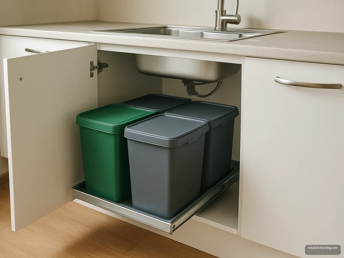 Pull-out twin waste bin trolley under a kitchen sink