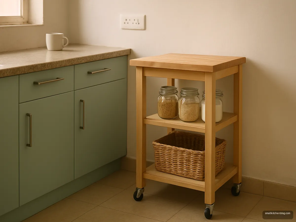 Wooden kitchen trolley on wheels beside a mint green counter