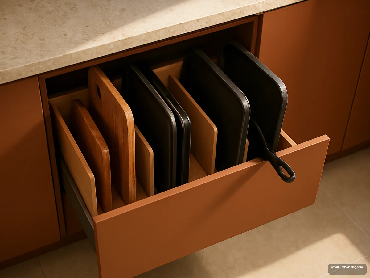 Slim drawer with vertical dividers for trays and chopping boards