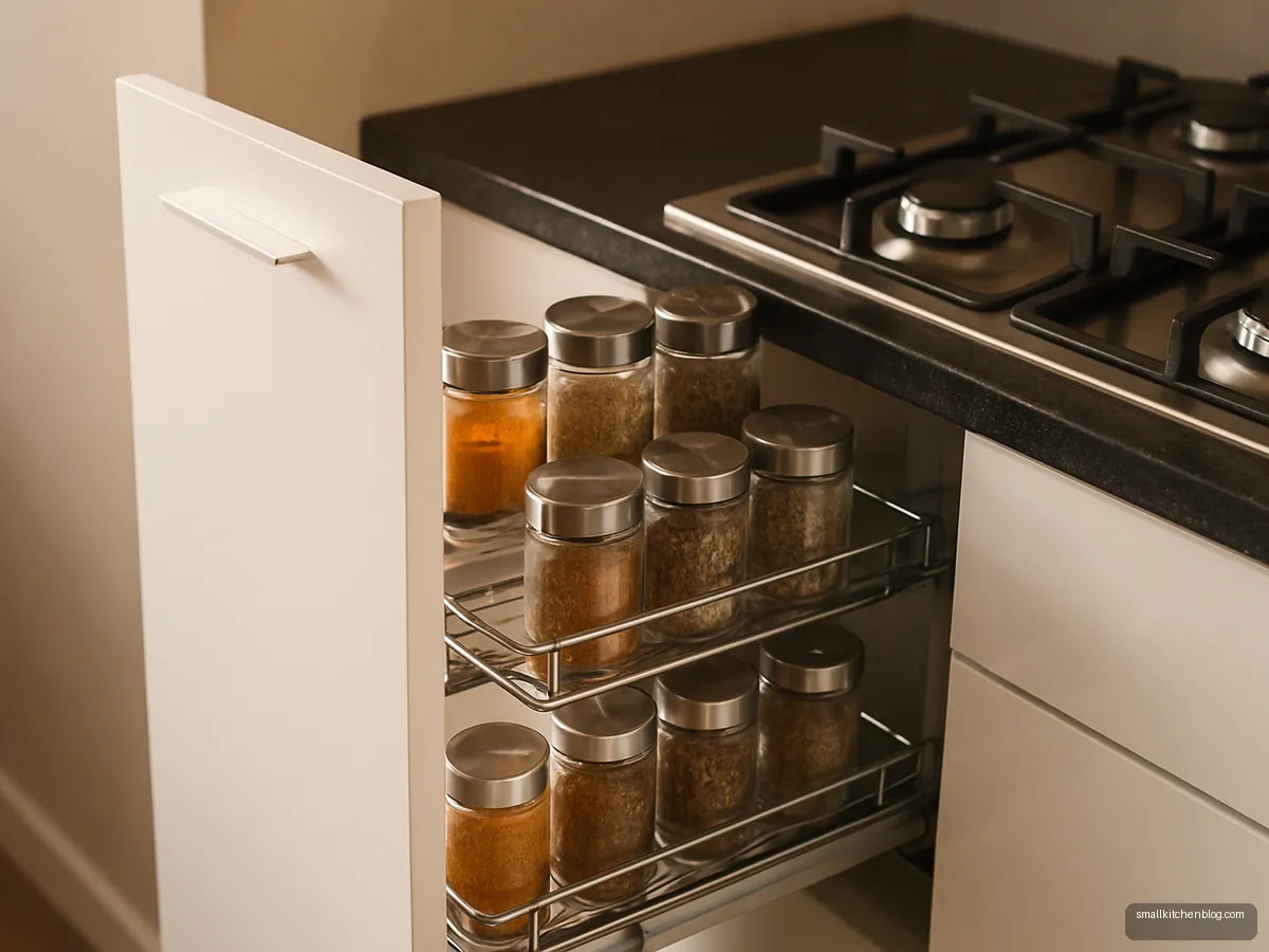 Shallow pull-out with tiered racks of glass masala jars