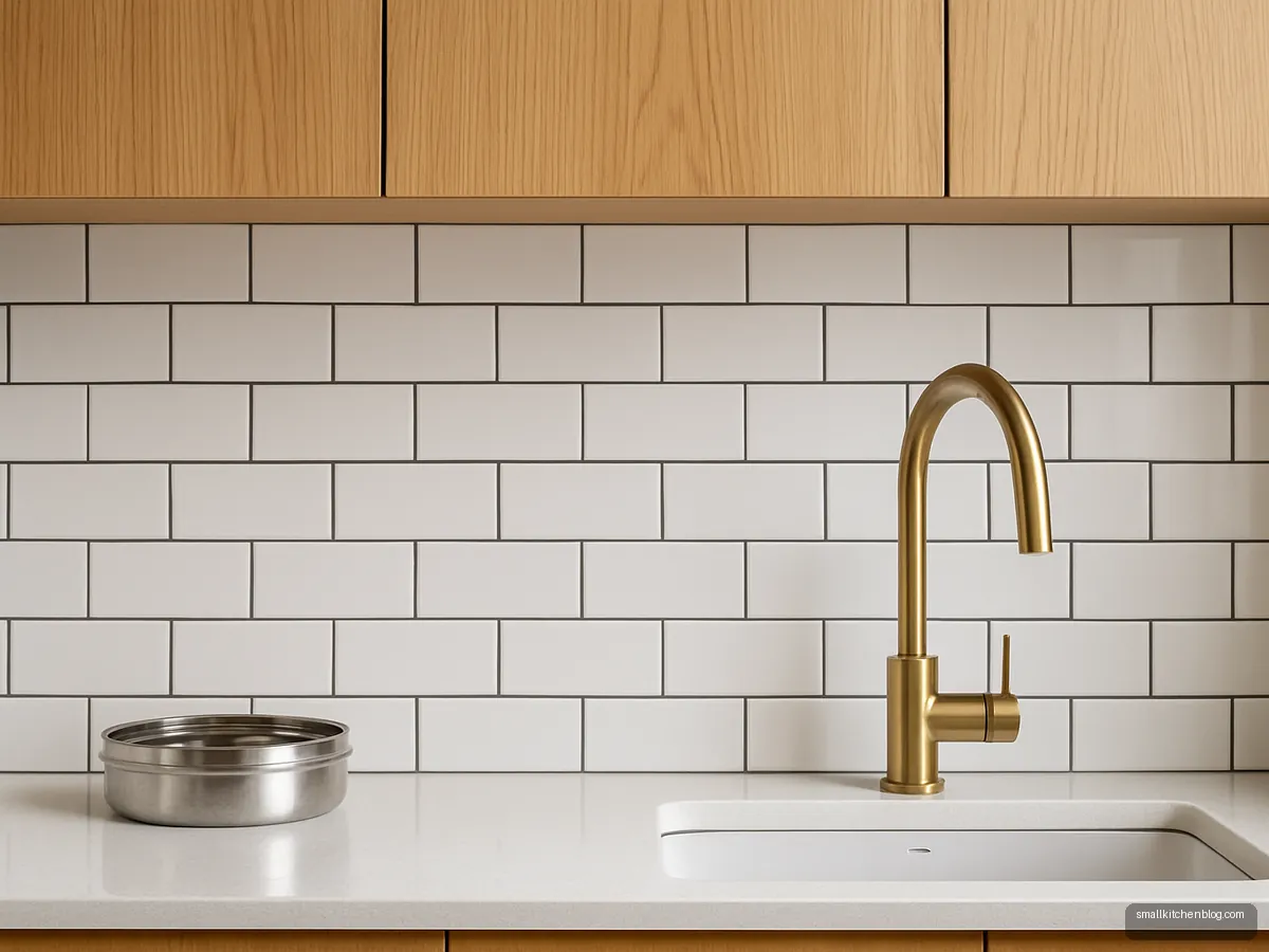 White subway tile backsplash with dark grout behind a quartz counter