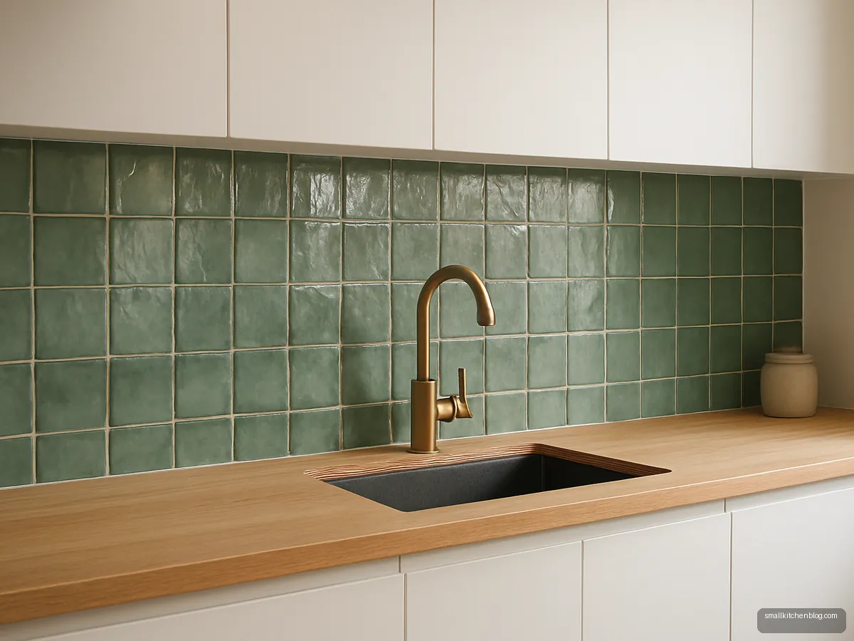 Sage green handmade style tile backsplash with white cabinets