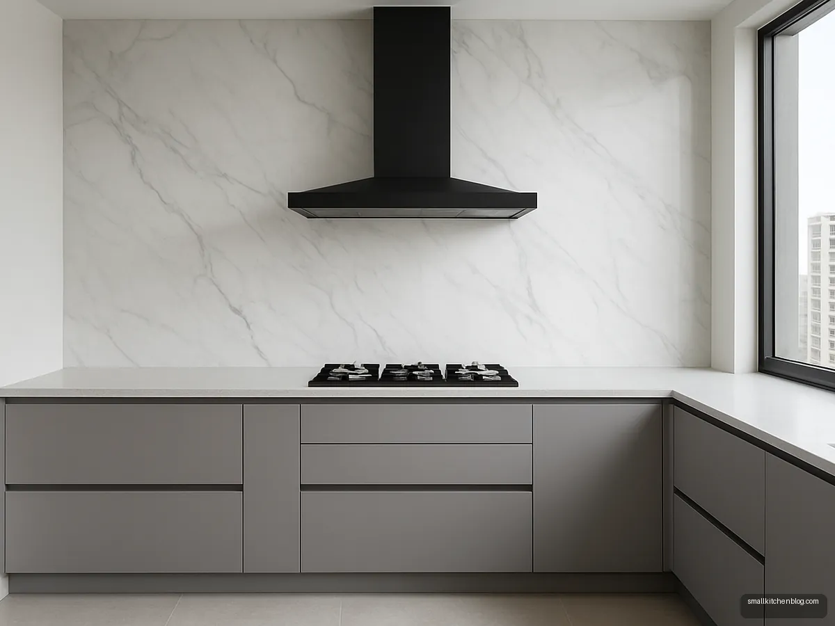 Marble-look large slab tile wall behind a hob from counter to ceiling