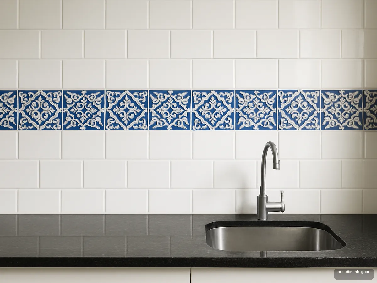 White kitchen wall tiles with a blue patterned highlighter band