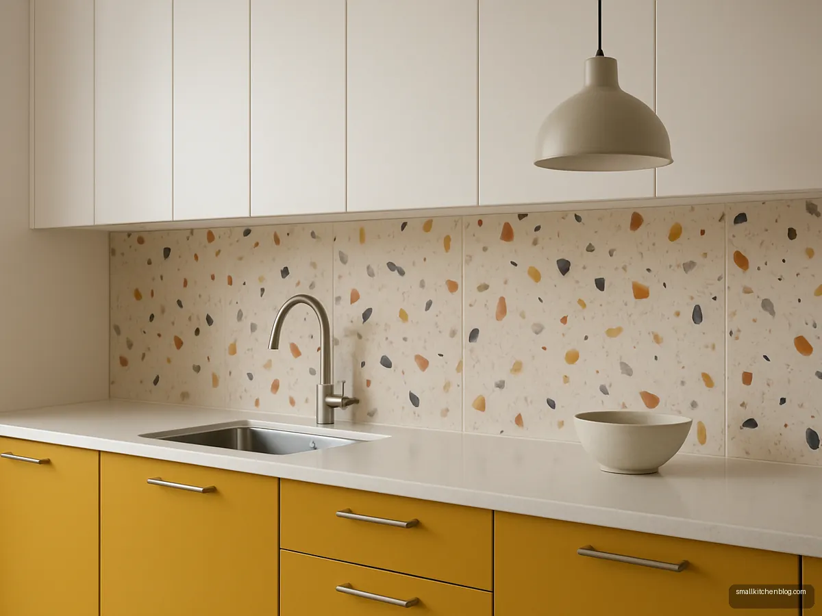 Terrazzo-look tile backsplash above mustard yellow cabinets