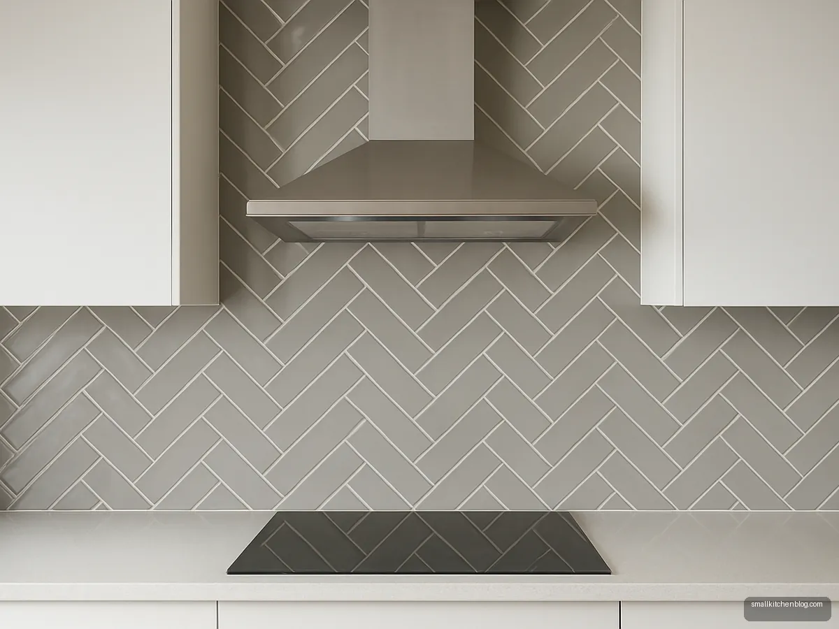 Grey herringbone tiles behind a hob and chimney