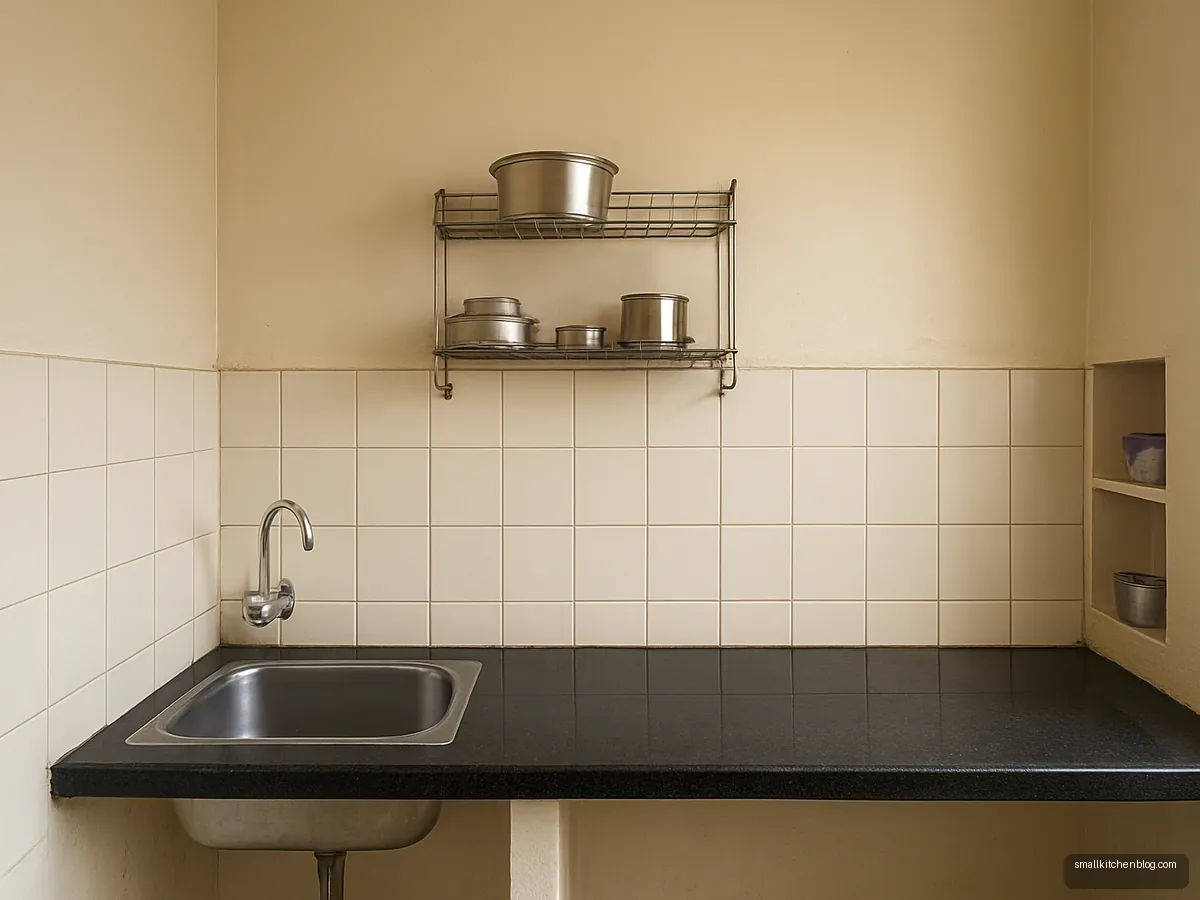 Plain ivory ceramic tiles on a budget kitchen wall