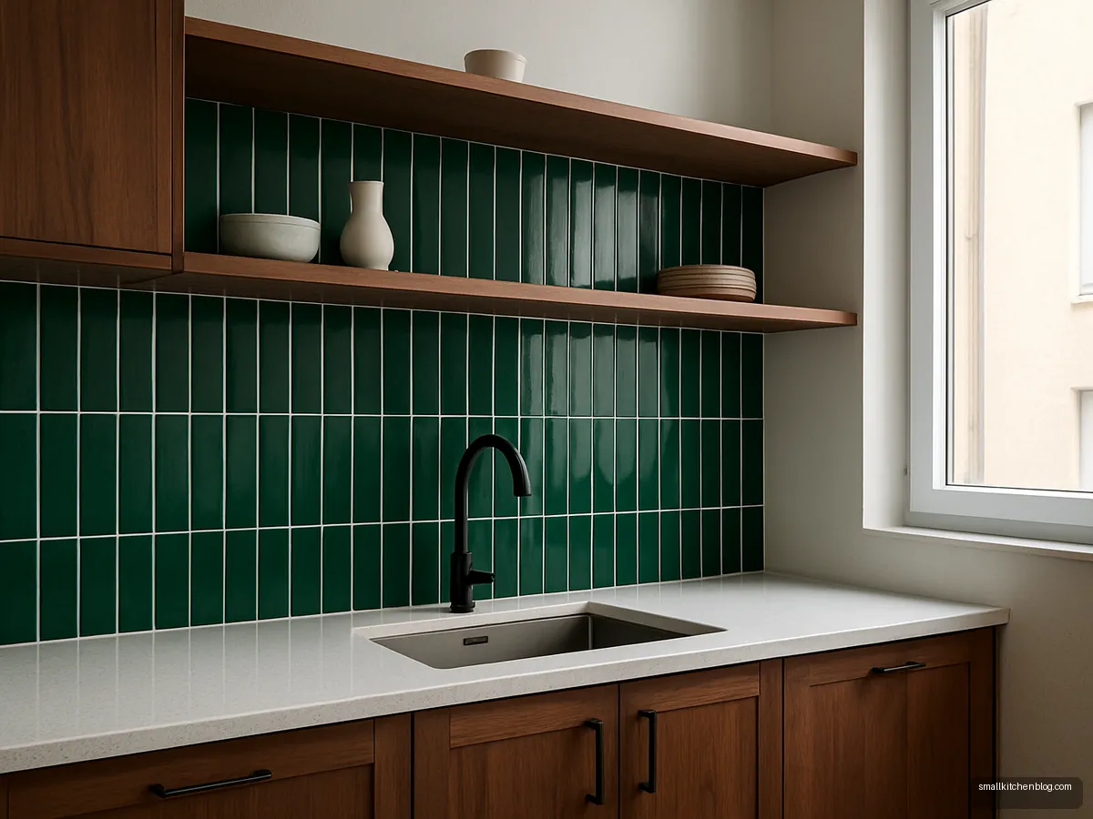 Bottle green vertical finger tile backsplash with walnut cabinets