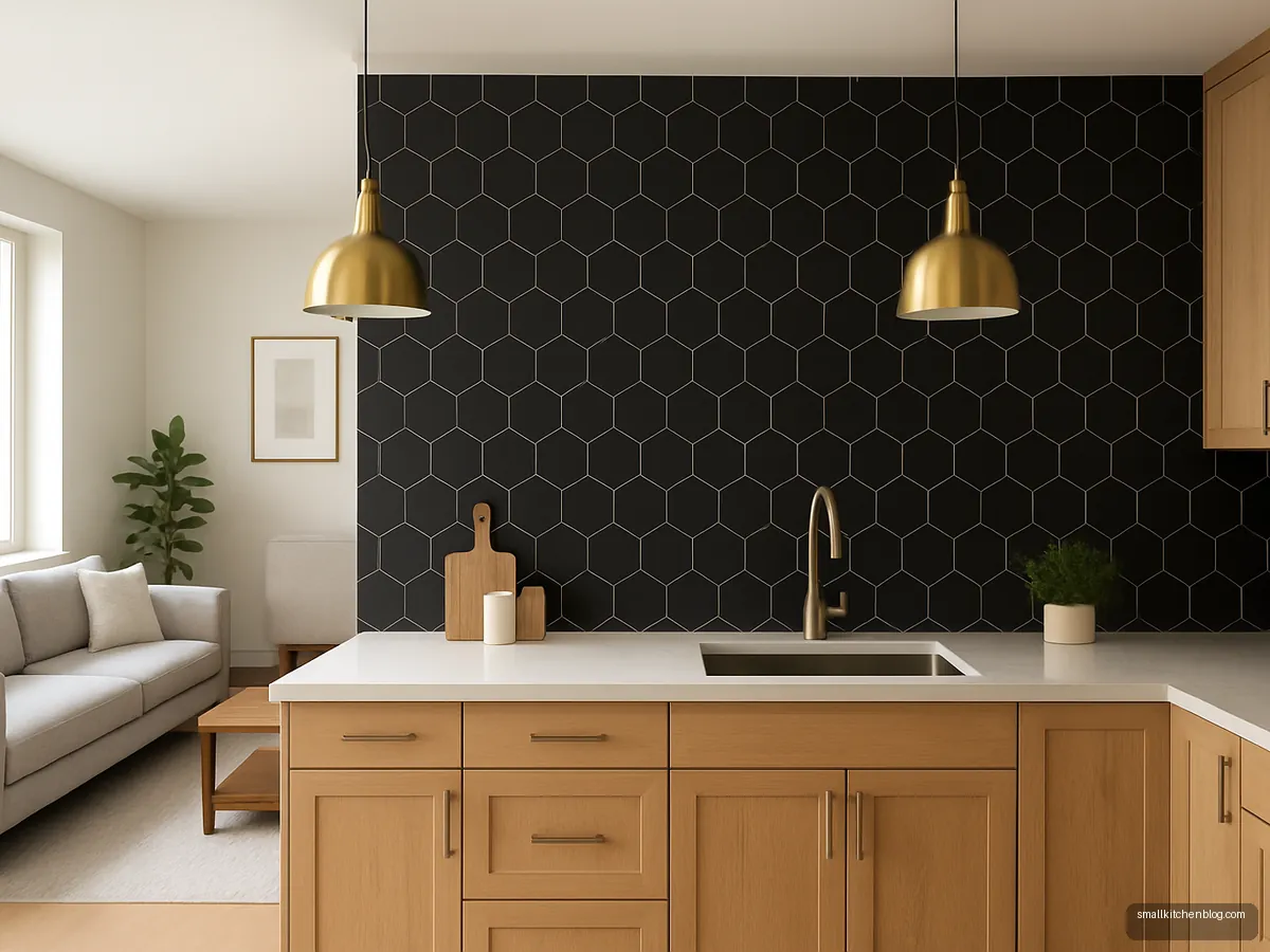 Matte black hexagon tile feature wall in an open kitchen